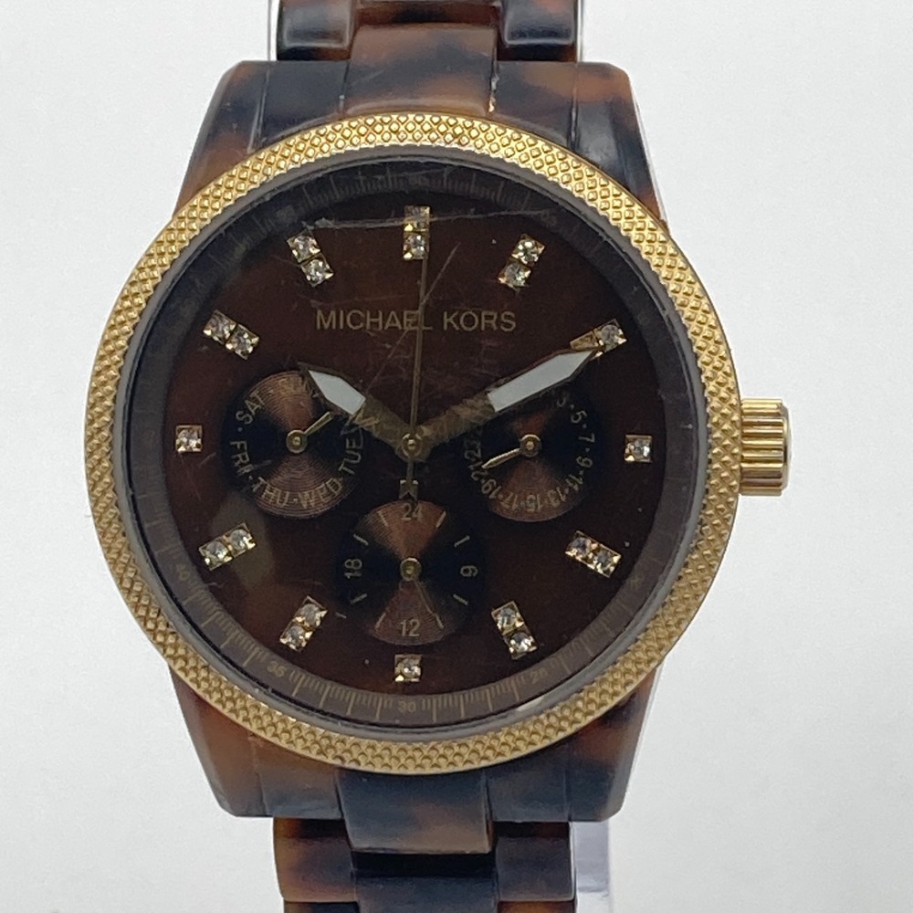 Michael Kors Jet Set Womens Watch 37mm Gold Tone Faux Tortoise New Battery 6.75"